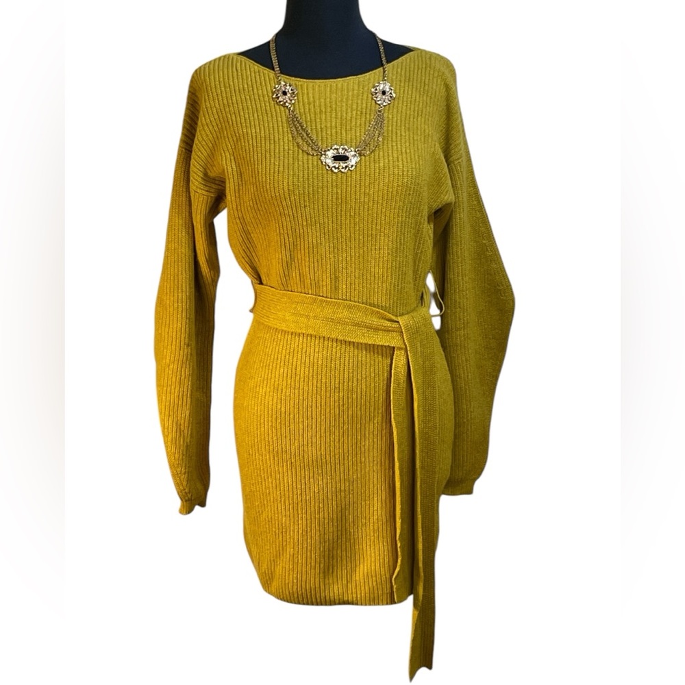 Merino wool mustard boat neck long puff sleeve ribbed sweater dress with sash